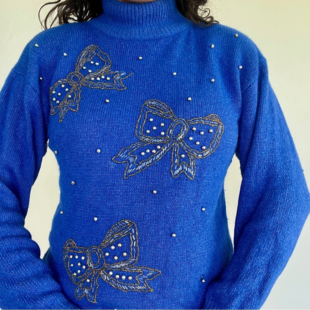 VTG Dana Scott Blue Holiday Mock Neck Sweater Women’s Size Medium